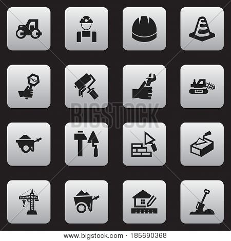 Set Of 16 Editable Construction Icons. Includes Symbols Such As Oar, Facing, Spatula And More. Can Be Used For Web, Mobile, UI And Infographic Design.