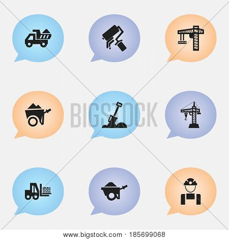 Set Of 9 Editable Construction Icons. Includes Symbols Such As Oar, Camion, Scrub And More. Can Be Used For Web, Mobile, UI And Infographic Design.