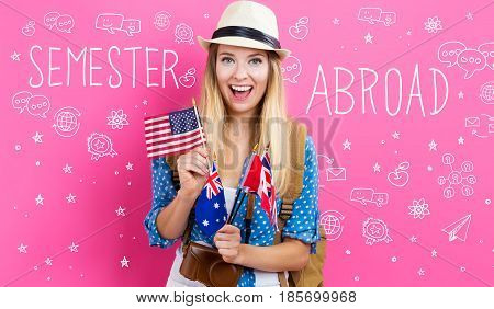Semester Abroad text with young woman with flags of English speaking countries