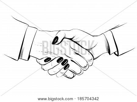 Hand drawn sketch illustration of a handshake. Businessman and businesswoman. Business handshake of man and woman. Partnership. Decorative line. Vector hands.