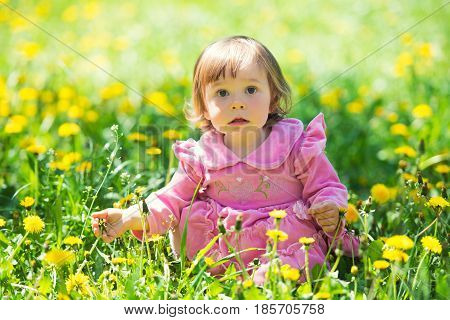 Girl in pink dress with dandelion on green grass