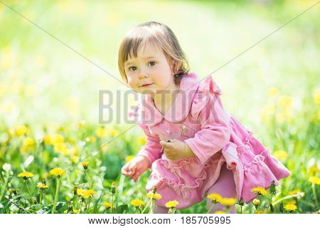 Girl in pink dress with dandelion on green grass
