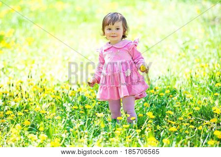Girl in pink dress with dandelion on green grass