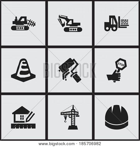 Set Of 9 Editable Construction Icons. Includes Symbols Such As Home Scheduling, Mule, Excavation Machine And More. Can Be Used For Web, Mobile, UI And Infographic Design.