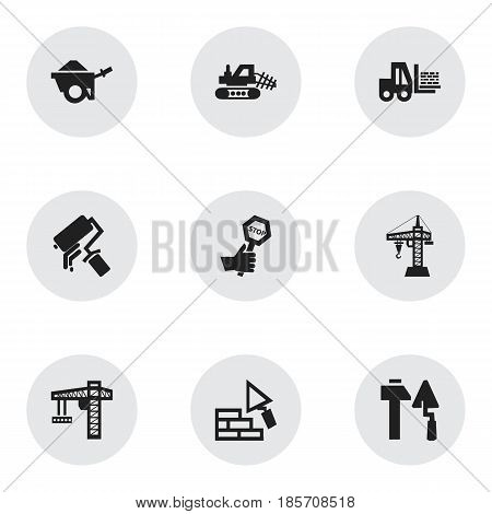 Set Of 9 Editable Construction Icons. Includes Symbols Such As Scrub, Lifting Equipment, Construction Tools And More. Can Be Used For Web, Mobile, UI And Infographic Design.