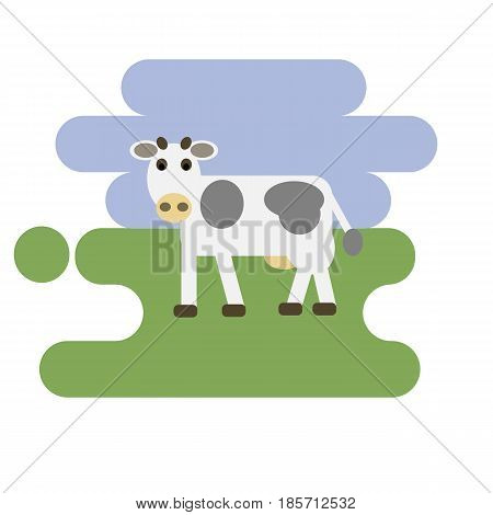 Flat cartoon white cow icon on blue and green background. Vector illustration