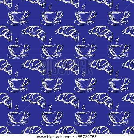 Seamless Pattern Hand Drawn Cup Of Coffee And Croissant.