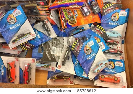 BANGKOK THAILAND - MAY 7, 2017: Pack of die cast car model for sale in shelf in department store in Bangkok Thailand
