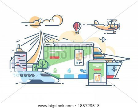 Site travel agency. Planning recreation or holiday. Vector flat illustration