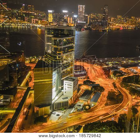 Harbor and business district and traffic, Hong Kong,China at night