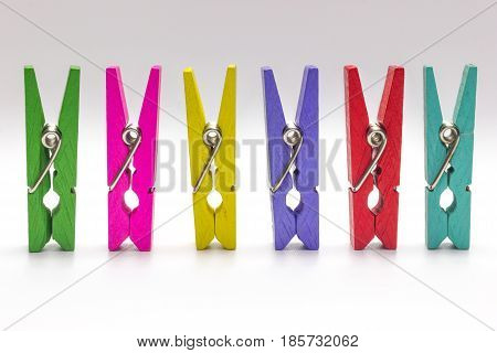 Colorful clothespin. Multicolor Wooden clip set isolate on white background.