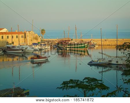 Cyprus is the city of Kyrenia. View of the port, the ancient fortress and the Mediterranean Sea.