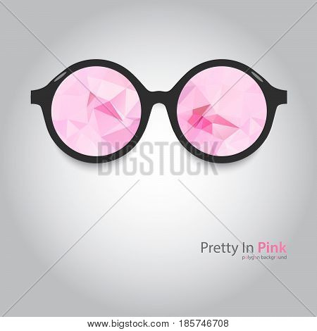 round glasses with pink lenses. Polygonal flogged. pink glasses. glasses with black frames on a gray background. polygon background