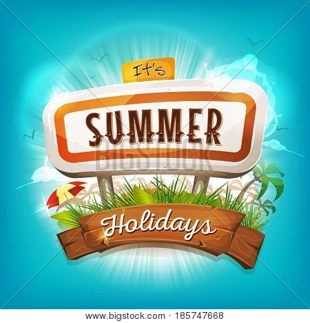 Illustration of a flashy design summer time poster with road panel tropical plants sunshades palm trees silhouette and wood banner
