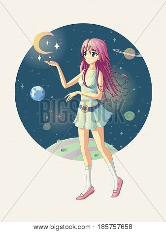 Vector illustration of the anime girl against the background of space where the stars are near her hand.