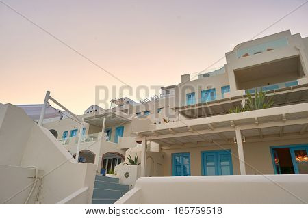 SANTORINI, GREECE - CIRCA AUGUST, 2015: view of Andromeda Villas at morning. Andromeda Villas is a hotel are situated in Imerovigli, Santorini island.