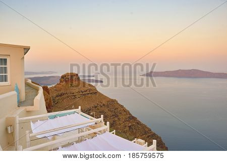 SANTORINI, GREECE - CIRCA AUGUST, 2015: view of Andromeda Villas at morning. Andromeda Villas is a hotel are situated in Imerovigli, Santorini island.