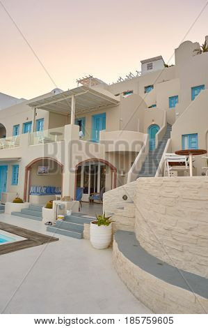 SANTORINI, GREECE - CIRCA AUGUST, 2015: view of Andromeda Villas at morning. Andromeda Villas is a hotel are situated in Imerovigli, Santorini island.