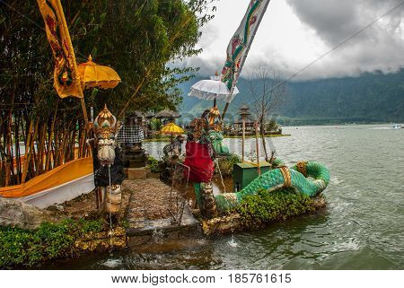 Pura Ulun Danu Batur Temple. Sculpture Of Dragons. Bali, Indonesia.