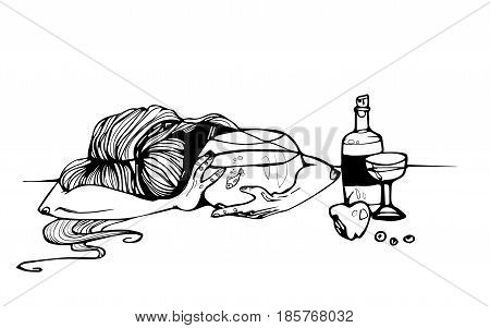 girl with fish in aquarium and bottle of wine vector graphic