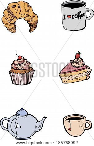 Set of four icons of coffee tea teapot croissant cake muffin vector graphics