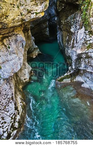 Detail of river Soca gorge in slovenian Alps, Slovenia