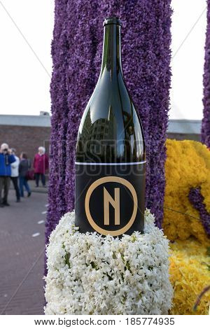 NOORDWIJK NETHERLANDS - 22 APRIL 2017: Platform with tulips and hyacinths during the traditional flowers parade Bloemencorso from Noordwijk to Haarlem in the Netherlands.