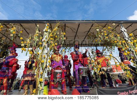 NOORDWIJK NETHERLANDS - 22 APRIL 2017: Platform with tulips and hyacinths during the traditional flowers parade Bloemencorso from Noordwijk to Haarlem in the Netherlands.