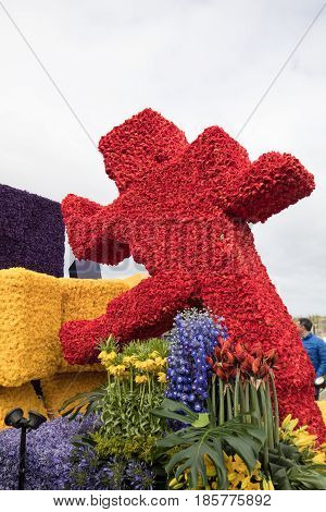 NOORDWIJK NETHERLANDS - 22 APRIL 2017: Platform with tulips and hyacinths during the traditional flowers parade Bloemencorso from Noordwijk to Haarlem in the Netherlands.