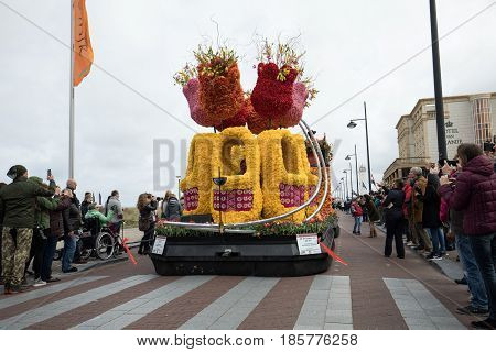 NOORDWIJK NETHERLANDS - 22 APRIL 2017: Platform with tulips and hyacinths during the traditional flowers parade Bloemencorso from Noordwijk to Haarlem in the Netherlands.