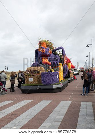 NOORDWIJK NETHERLANDS - 22 APRIL 2017: Platform with tulips and hyacinths during the traditional flowers parade Bloemencorso from Noordwijk to Haarlem in the Netherlands.