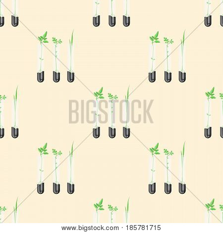 Bioscience vector concept: Laboratory glassware with soil and plant. Flat design illustration on color background. - stock vector