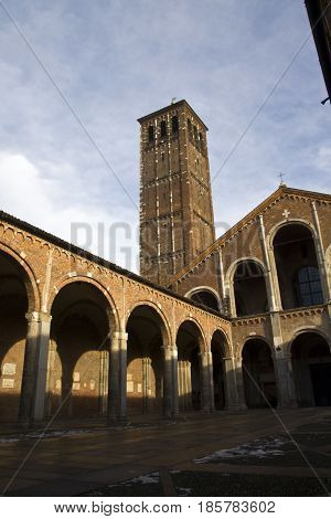 Milan, Basilica of Sant`Ambrogio, the hut façade with the entrance portico.