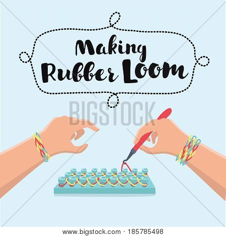 Vector cartoon illustration of hand if little girl making a rubber loom bracelet with a hook . Hands close up. Young fashion concept