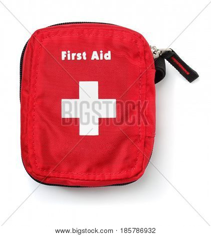 Top view of first aid kit bag isolated on white