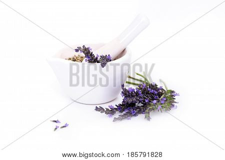 lavender flowers, lavander extract and montar with dry flowers isolated on white.