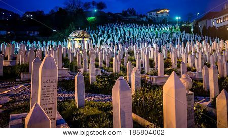 SARAJEVO, BOSNIA AND HERZEGOVINA - May 1 2014: The cemetery on the hill for people died in Bosnian War in Sarajevo, Bosnia.