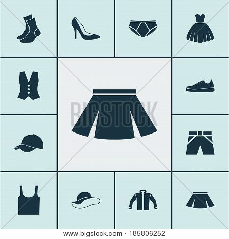 Clothes Icons Set. Collection Of Heel Footwear, Singlet, Sarafan And Other Elements. Also Includes Symbols Such As Sweatshirt, Visor, Half-Hose.