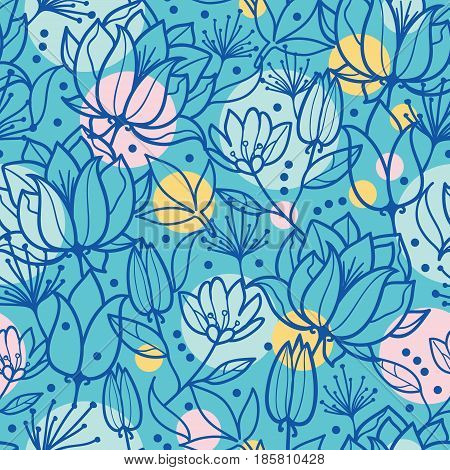 Vector spring flowers and bubbles seamless repeat pattern bacgkround design. Great for springtime greeting cards, invitations, wedding, fabric, wallpaper, wrapping projects. Surface pattern design.