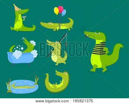 Cartoon green crocodile funny predator and australian wildlife river reptile carnivore alligator scales teeth flat vector illustration. Tropical africa safari zoo character crocodylus.