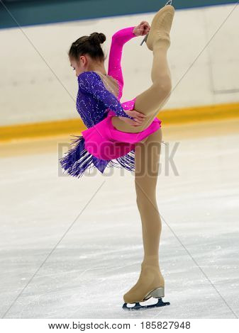ST. PETERSBURG, RUSSIA - APRIL 18, 2017: Ladies' single figure skating competitions on prix of SPb Federation of Figure Skating. 150 athletes from 6 regions of Russia take part in the competitions