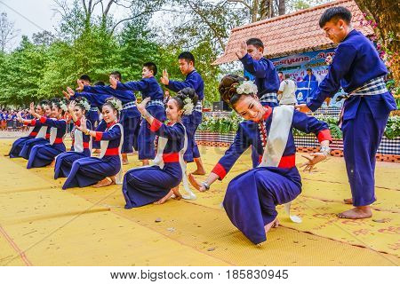 NAKORN PHANOM THAILAND - FEBRUARY 14, 2015: Thai northeastern dance in Phutai world event day in Renunakorn of Nakorn Phanom, Thailand.