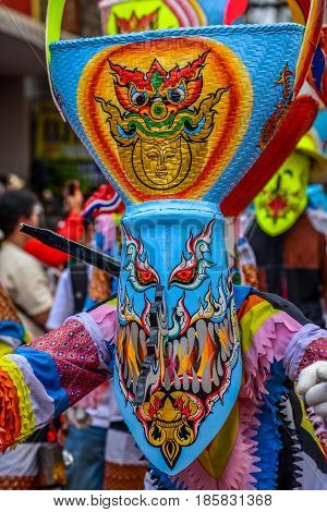 LOEI THAILAND - JUNE 27, 2015 : Thai northeastern traditional Phi Ta Khon ghost festival parade in Dansai of Loei, Thailand.