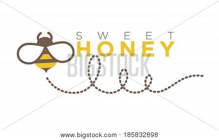 Organic sweet honey logo design in flat style. Abstract cartoon bee moving and spiral line vector illustration. Advertising label for honeymead production with text isolated on white background