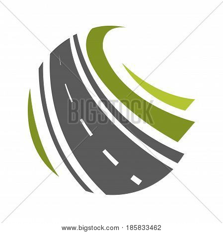 Way going forward and turning with abstract greenery on both side vector illustration isolated on white. Logotype with road marking elements in flat design cartoon style, travelling concept