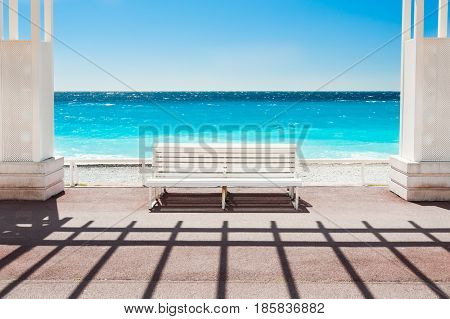 White Bench On The Promenade Des Anglais In Nice, France