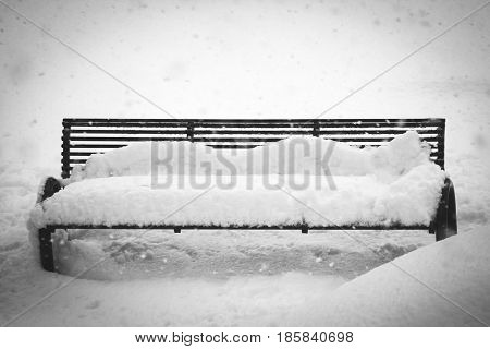 A Iron bench under a thick snowfall
