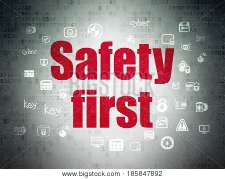 Safety concept: Painted red text Safety First on Digital Data Paper background with  Hand Drawn Security Icons