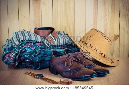 Clothing for mens on the wooden floor