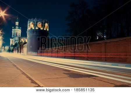 Donskoy monastery and its walls at night. Landscape.